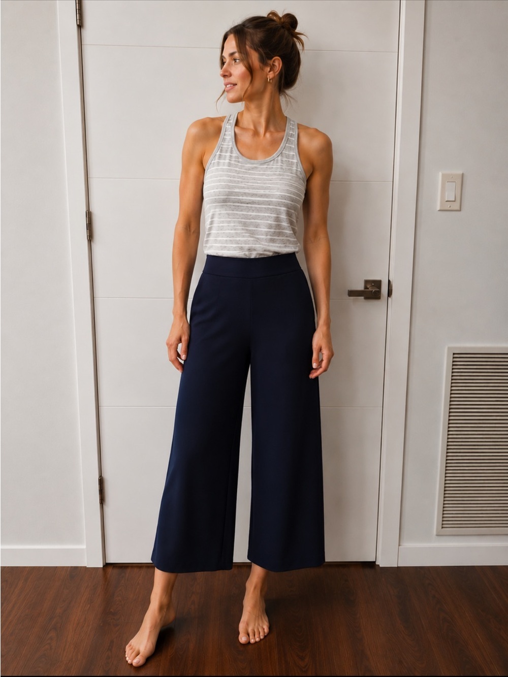 Frank & Eileen Base Layer Scoop Neck Gray and White Striped Racerback Tank